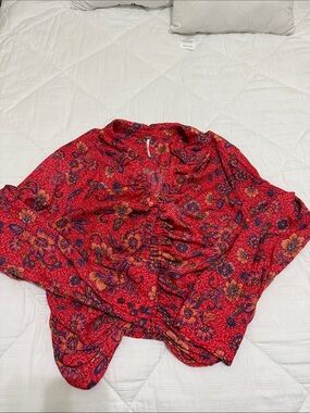 Free people Red Floral Ruffle Front Women's Top